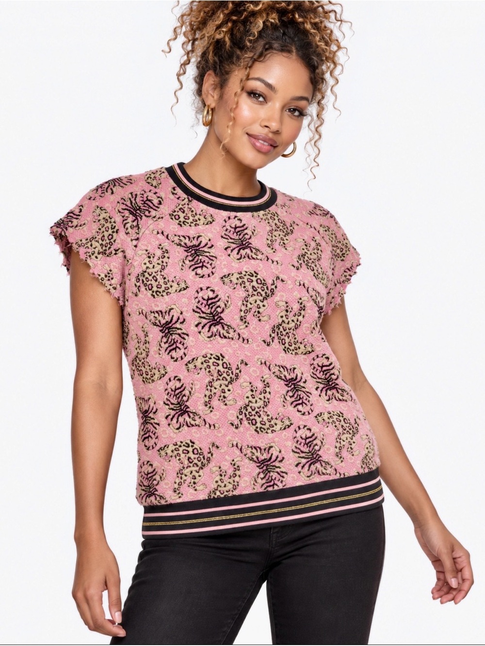 & Other Stories Paris Atelier Pink Metallic Tiger Leopard Jacquard Knit Top 12